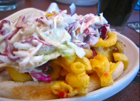 There's macaroni and cheese on my hot dog. Did I mention that this is my dream restaurant??